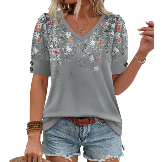 Womens Tops Short Sleeve Shirts Buttons V Neck Spring Fashion Summer Outfits Plus Size Blouses Dressy Casual