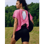 Women Short Sleeve Workout Shirts Open Back Tops Casual Yoga Y2k Athletic Gym Slouchy Crop Running Tees